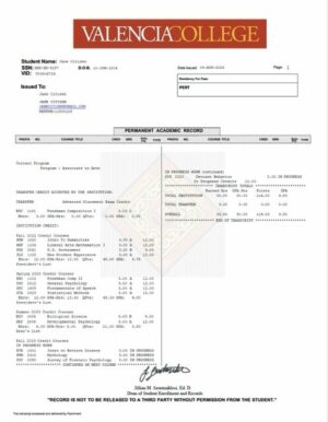 Valencia College permanent academic record Word and PDF template