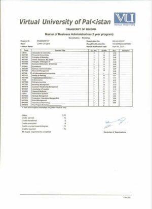 Virtual University of Pakistan transcript of record Word and PDF template