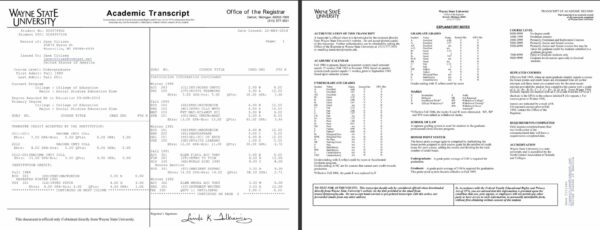 Wayne State University academic transcript Word and PDF template, 2 pages