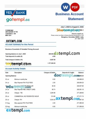 Yes Bank company checking account statement Word and PDF template