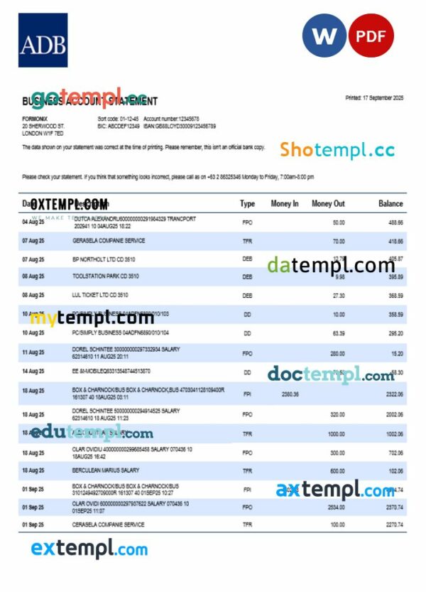 ADB firm account statement Word and PDF template