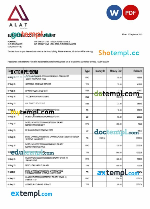 ALAT firm account statement Word and PDF template