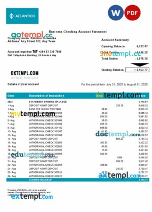 Atlantico business account statement Word and PDF template