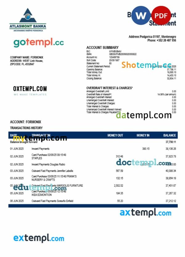 Atlasmont enterprise account statement Word and PDF template