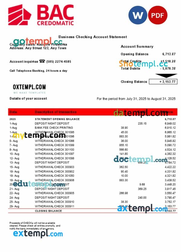 BAC Credomatic enterprise statement Word and PDF format