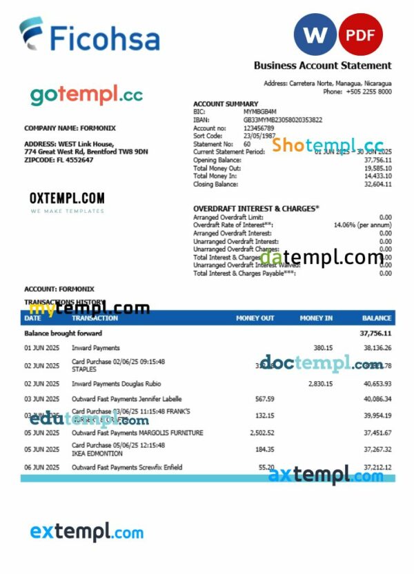 Banco Ficohsa business bank statement Word and PDF format