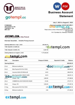 Banco de la Producción organization checking account statement Word and PDF template