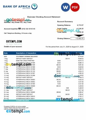 Bank of Africa business bank statement Word and PDF format