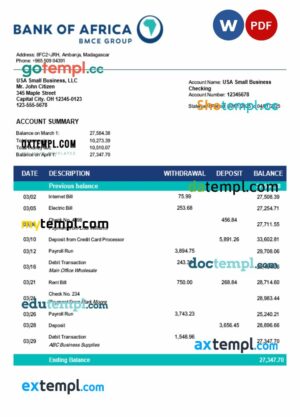 Bank of Africa organization checking account statement Word and PDF template