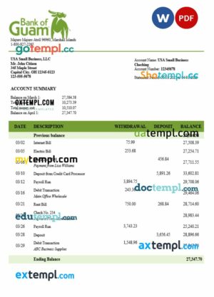 Bank of Guamanian business account statement Word and PDF template