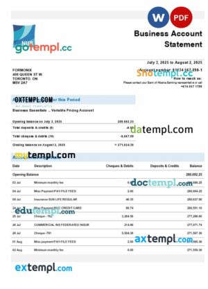 Bank of Nauruan firm account statement Word and PDF template