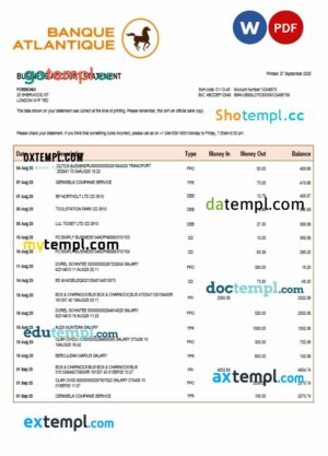 Banque Atlantique organization checking account statement Word and PDF template