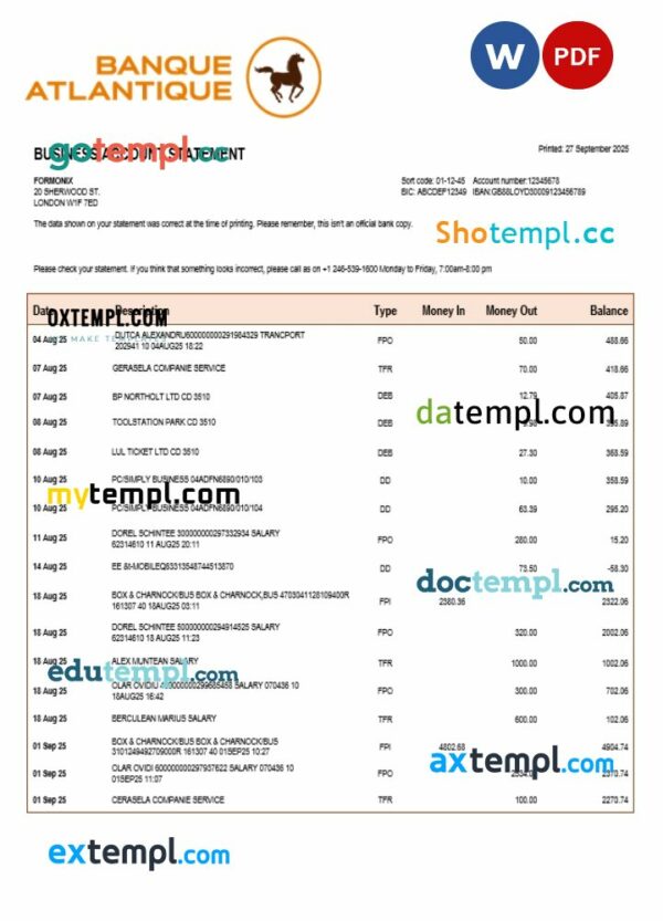 Banque Atlantique organization checking account statement Word and PDF template