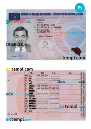 Belgium driving license PSD editable template, 2019-present