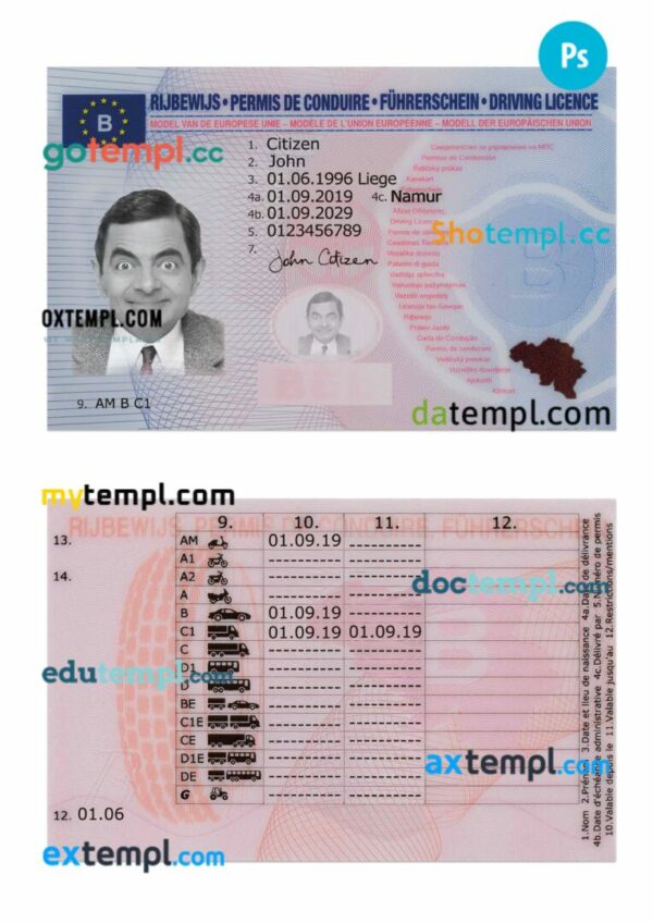 Belgium driving license PSD editable template, 2019-present