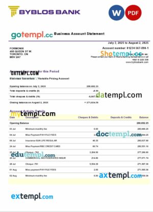 Byblos business bank statement Word and PDF format