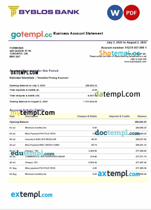Byblos business bank statement Word and PDF format