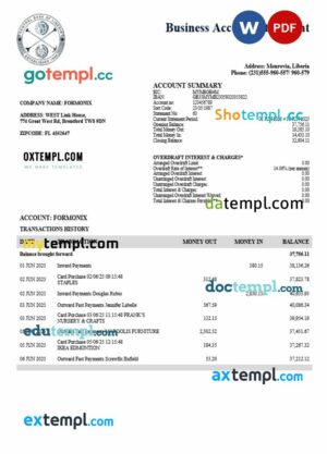 Central Bank of Liberia organization checking account statement Word and PDF template