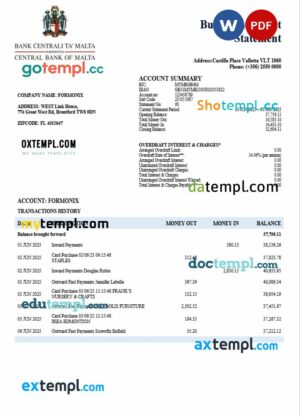 Central Bank of Malta firm account statement Word and PDF template