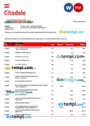 Citadele enterprise account statement Word and PDF template