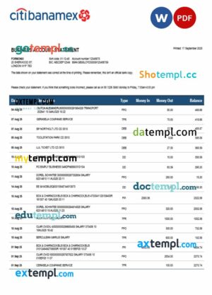 Citibanamex bank business firm account bank statement Word and PDF format