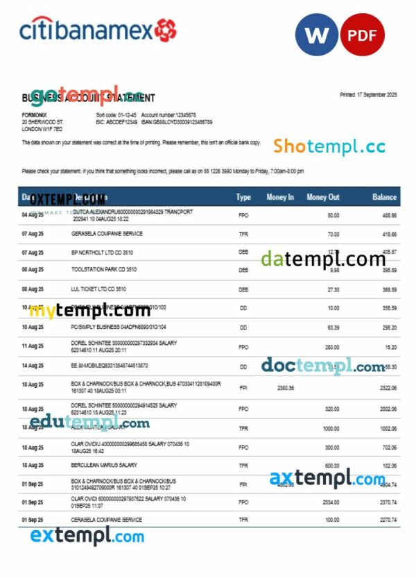 Citibanamex bank business firm account bank statement Word and PDF format