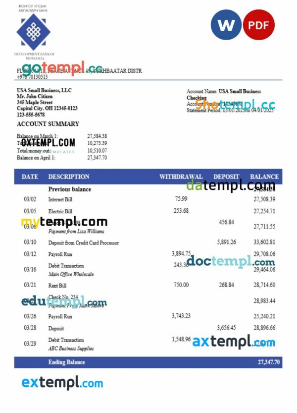 Development Bank of Mongolian organization checking account statement Word and PDF template