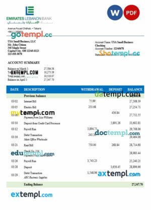Emirates Lebanese organization checking account statement Word and PDF template