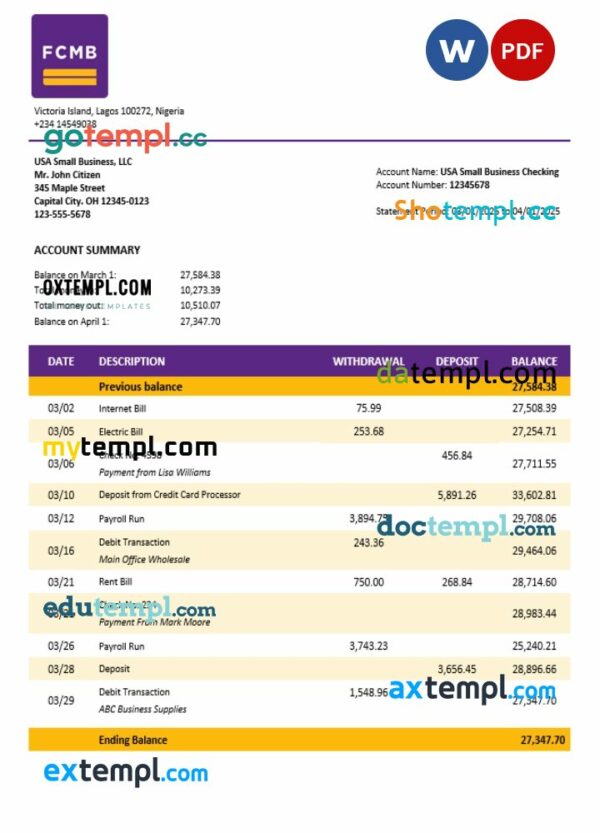 FCMB organization checking account statement Word and PDF template