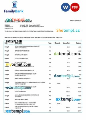 Family company checking account statement Word and PDF template