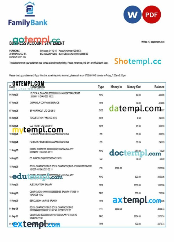 Family company checking account statement Word and PDF template