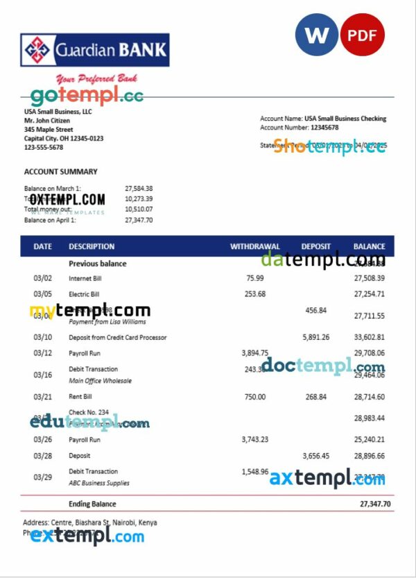 Guardian firm account statement Word and PDF template