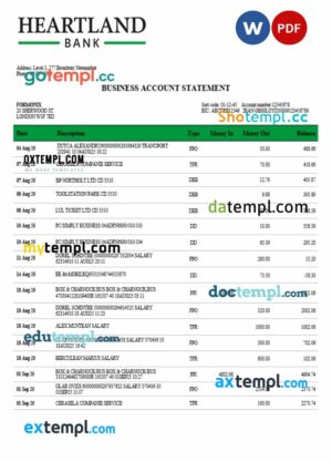 Heartland firm account bank statement Word and PDF format