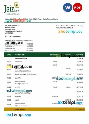 Jaiz business bank statement Word and PDF format