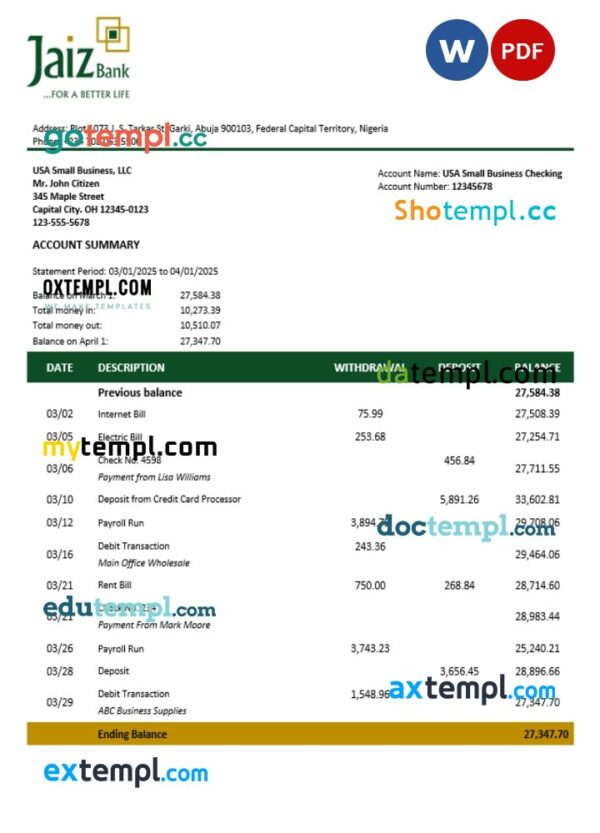 Jaiz business bank statement Word and PDF format