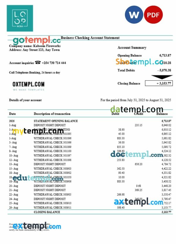 Kenyan CBA Loop business organization checking  statement Word and PDF format
