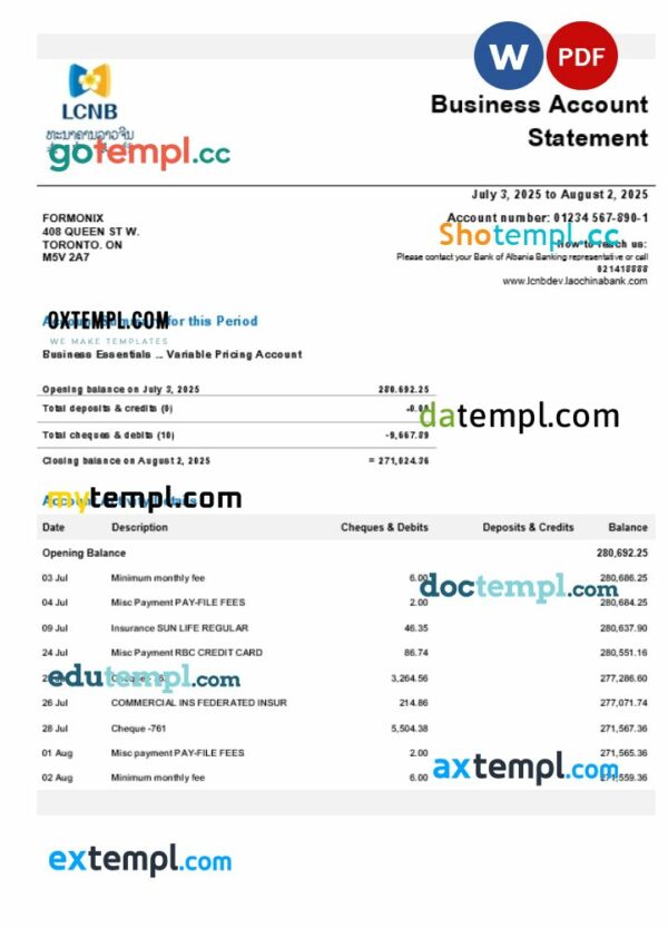 Laos LCNB company checking account statement Word and PDF template
