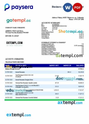 Lithuanian Paysera firm account statement Word and PDF template