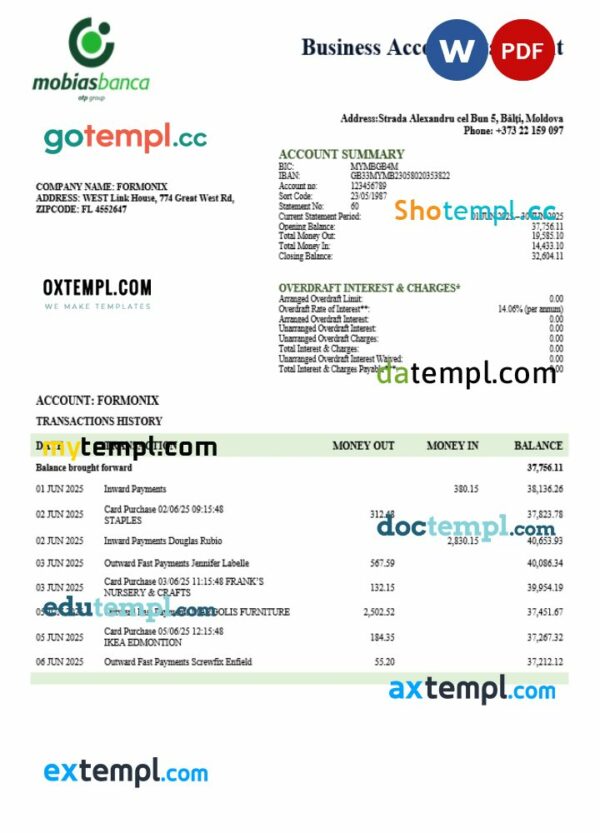 MobiasBanca organization checking account statement Word and PDF template