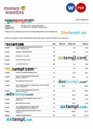 Money Mentors company checking account statement Word and PDF template