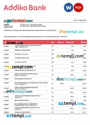 Montenegro Addiko enterprise account statement Word and PDF template