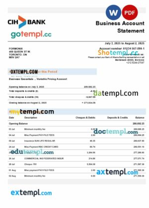 Morocco CIH business account statement Word and PDF template
