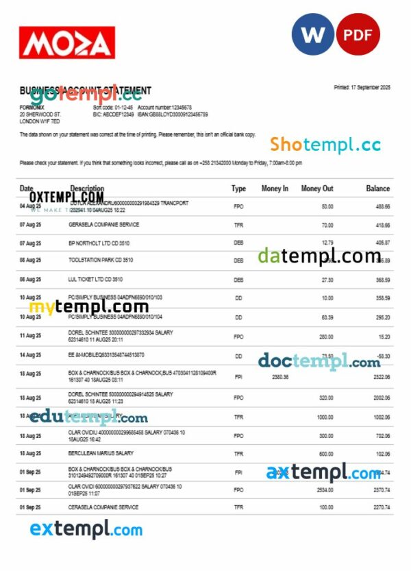 Moza Banco firm account statement Word and PDF template