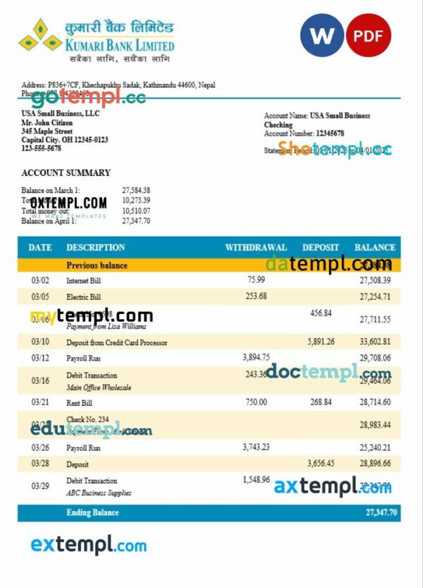Nepal Kumari business account statement Word and PDF template