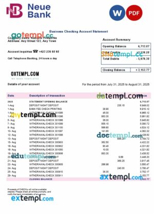 Neue Bank AG firm account statement Word and PDF template