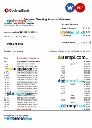 Optima business account statement Word and PDF template