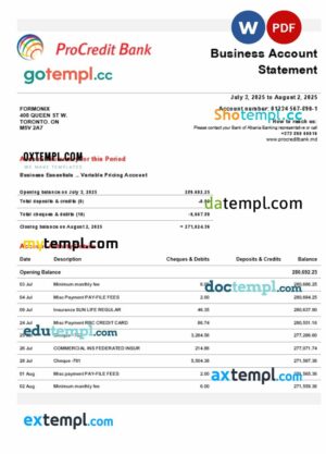 ProCredit organization checking account statement Word and PDF format