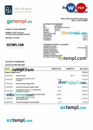 Sahara organization checking account statement Word and PDF template