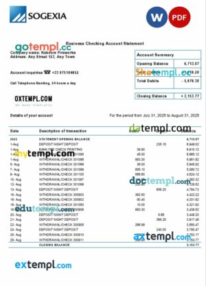 Sogexia organization checking account statement Word and PDF template