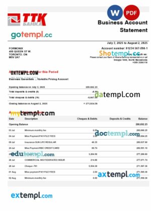 TTK business account statement Word and PDF template